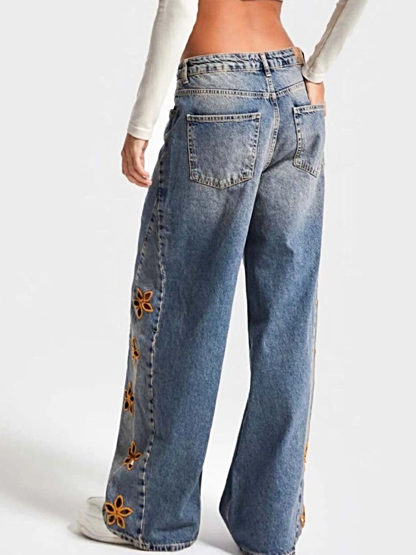 Floral Embroidered Wide Leg Jeans -