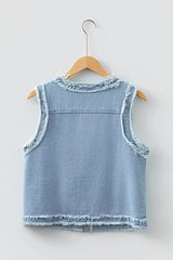 Frayed Edge Flap Pockets Denim Vest Jacket -