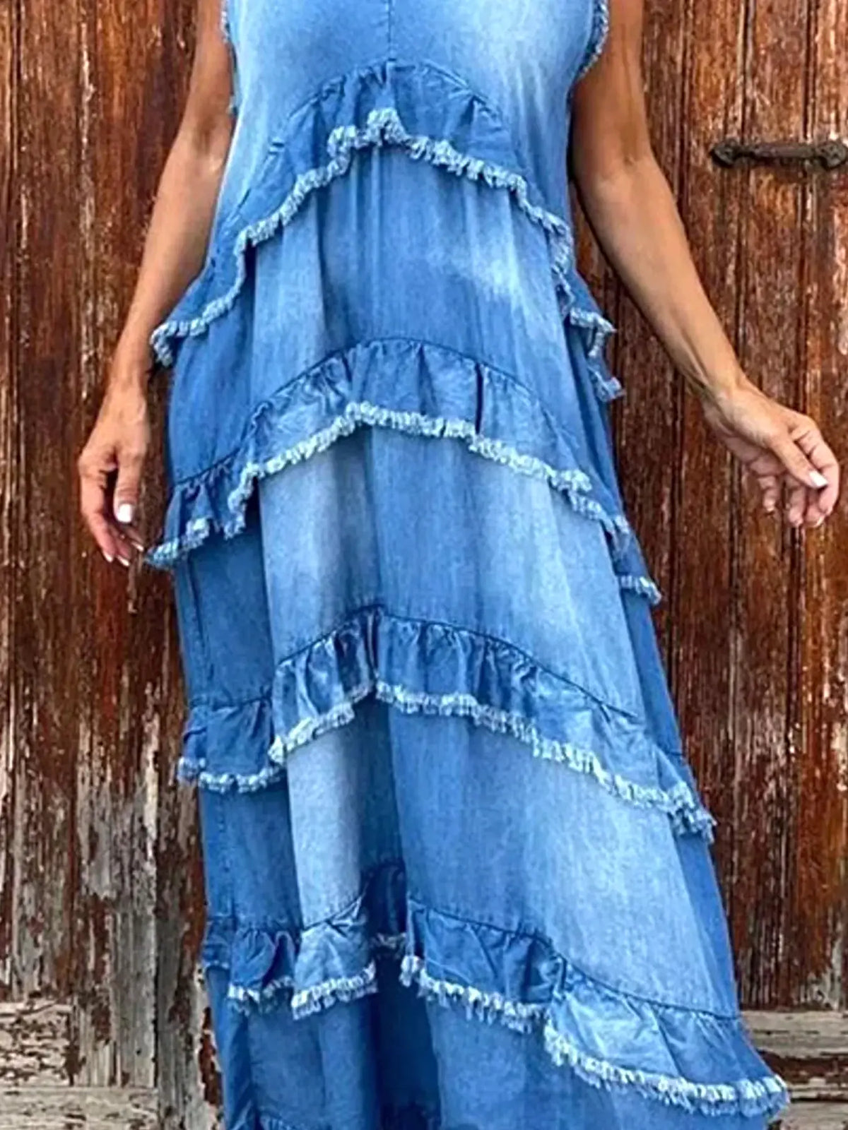 Raw Hem Layered Denim Maxi Dress -