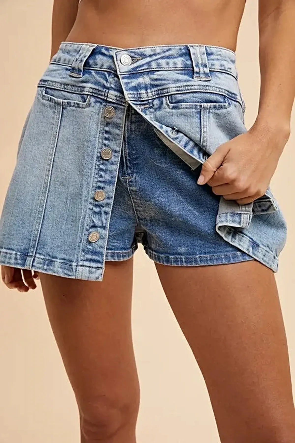 Annie Wear Button Detail Stretch Denim Wrap Mini Skort -