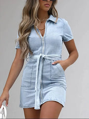 Full Size Zip Front Short Sleeve Denim Dress Plus Size -