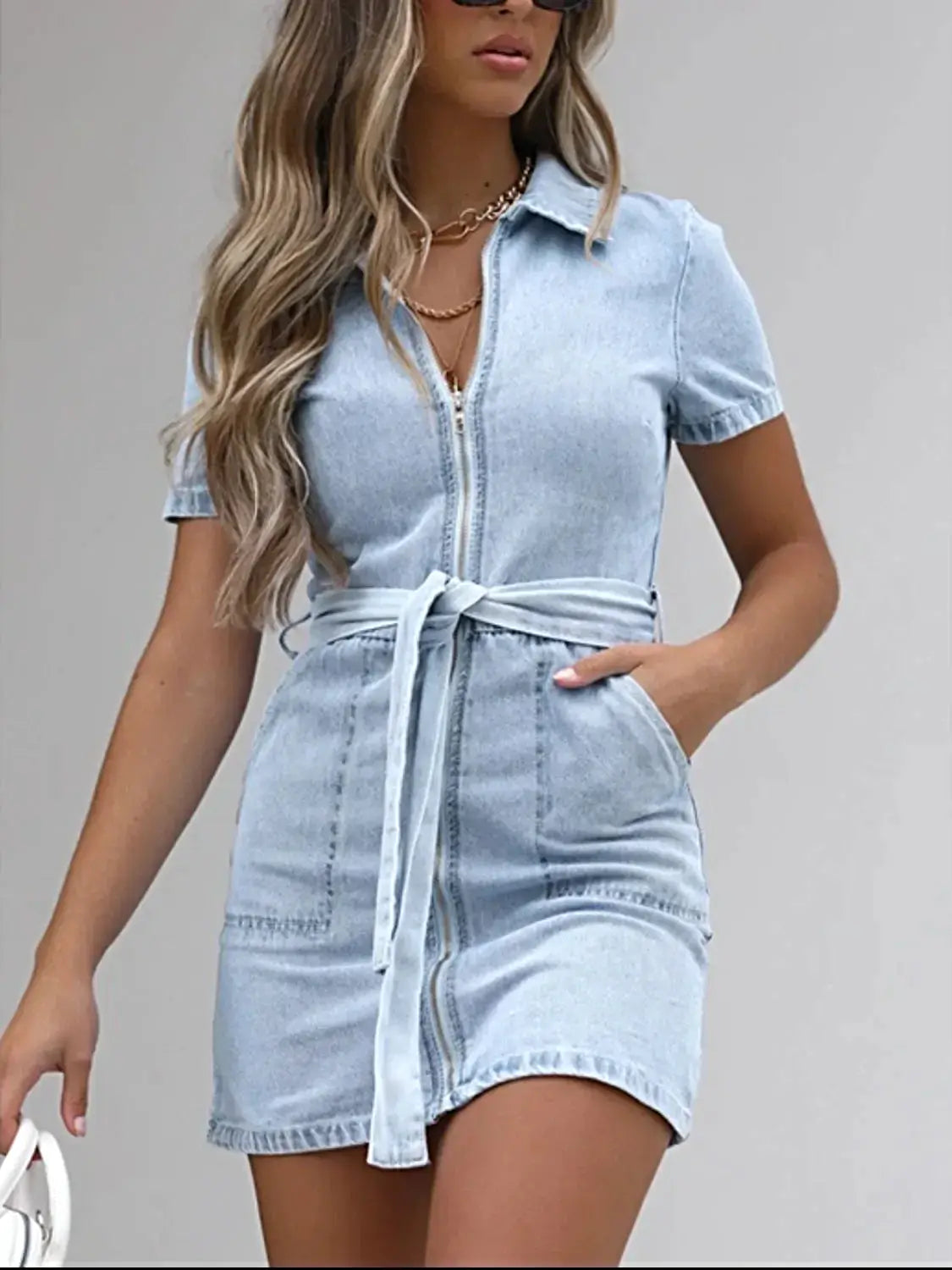 Full Size Zip Front Short Sleeve Denim Dress Plus Size -