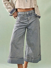 Luxury Wide Leg Cropped Jeans with Pocketed Design, 85% Cotton Blend, Machine Washable -