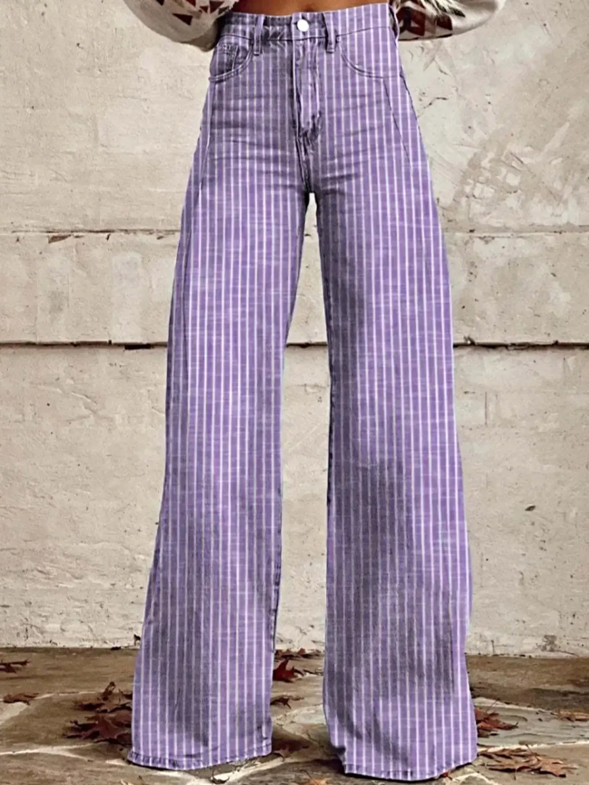 Striped High-Waisted Wide Leg Jeans -