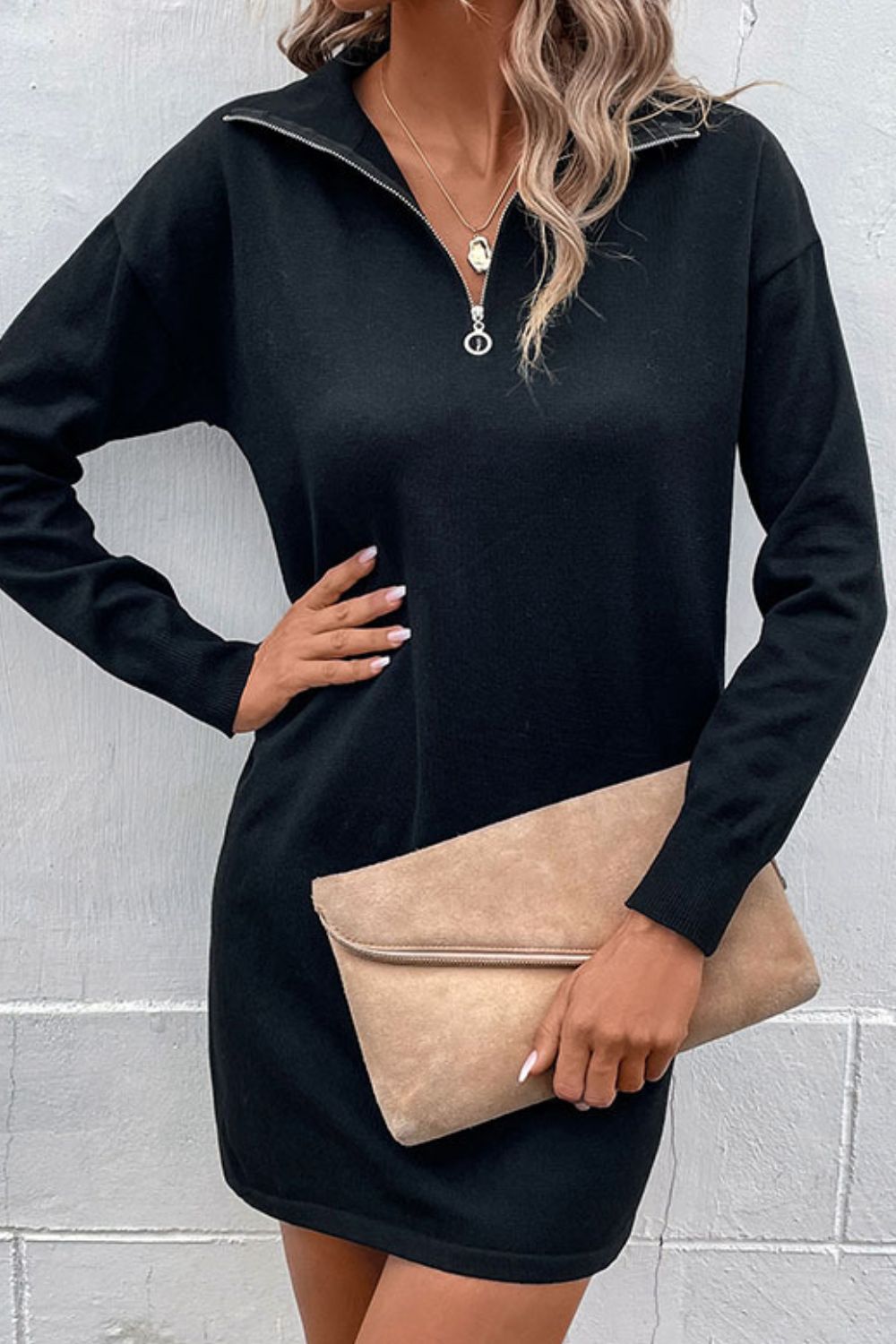 Perfee Quarter-Zip Dropped Shoulder Knit Dress