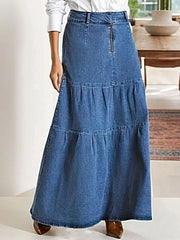 Tiered Maxi Denim Skirt with Zipper Detail -