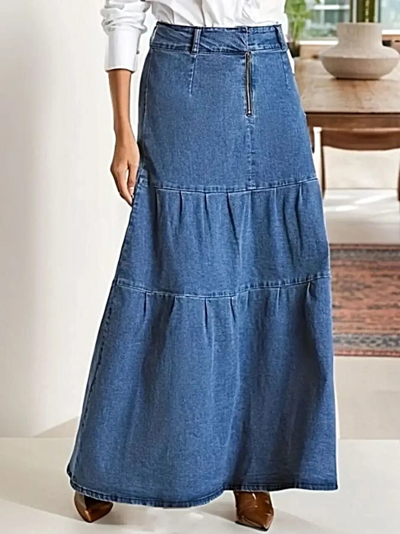 Tiered Maxi Denim Skirt with Zipper Detail -