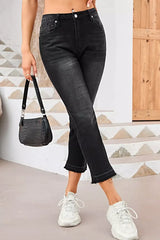 High-Waisted Distressed Hem Straight Leg Jeans -