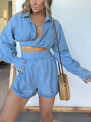 Full Size Long Sleeve Top and Shorts Denim Set Plus Size -