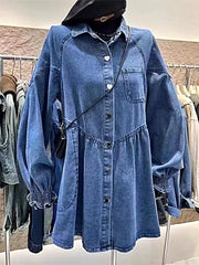 Chic Oversized Long Sleeve Button-Up Denim Dress with Pockets – Perfectly Fashionable -