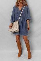 Tie Neck Long Sleeve Mini Denim Dress -