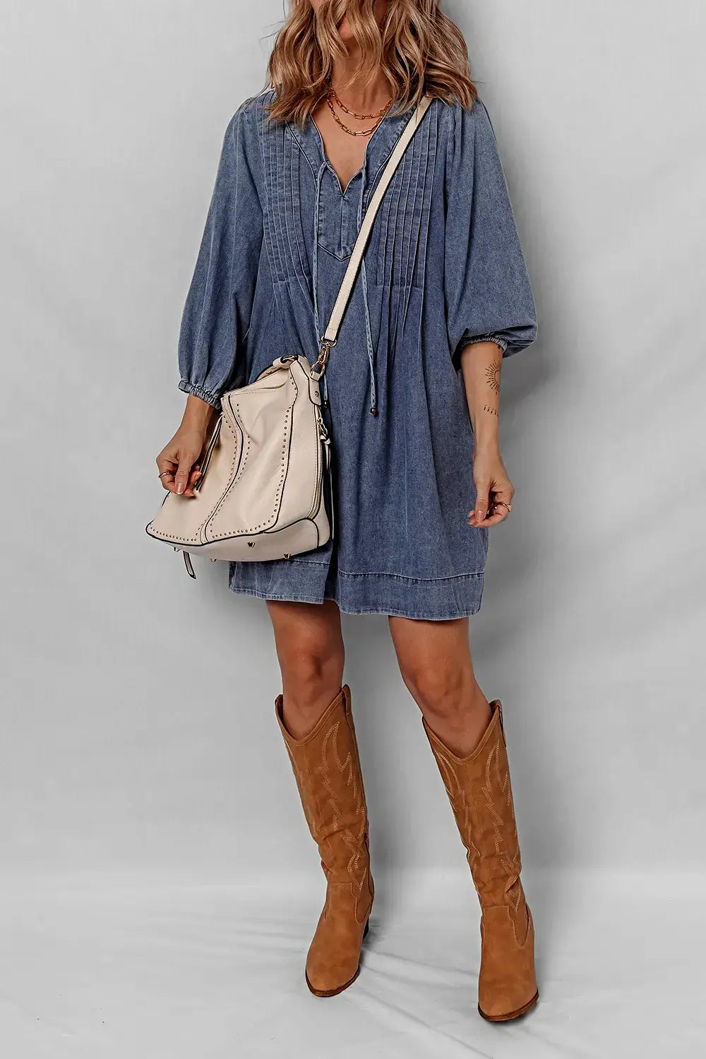 Tie Neck Long Sleeve Mini Denim Dress -