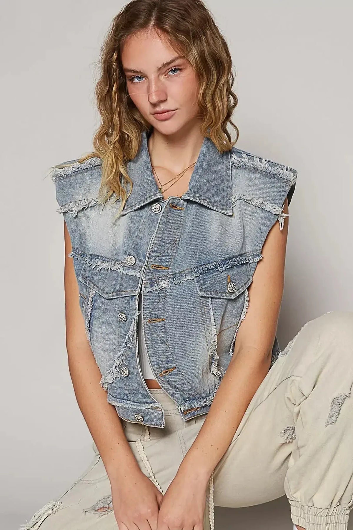 POL Assymetrical Front Closure Raw Hem Denim Vest -