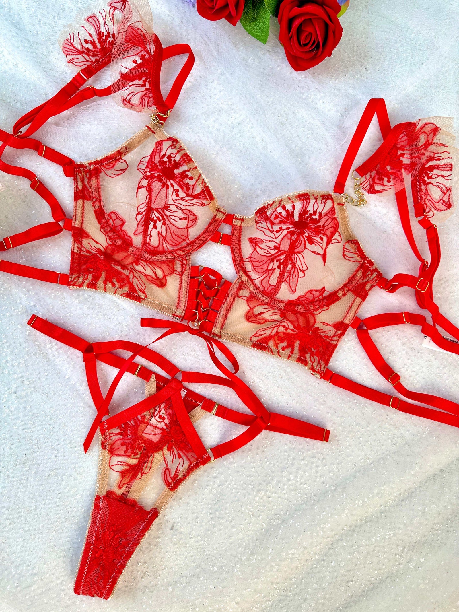 Luxury Red Lace Lingerie Set styled on a mannequin, perfect for inspiration in intimate wardrobe choices.