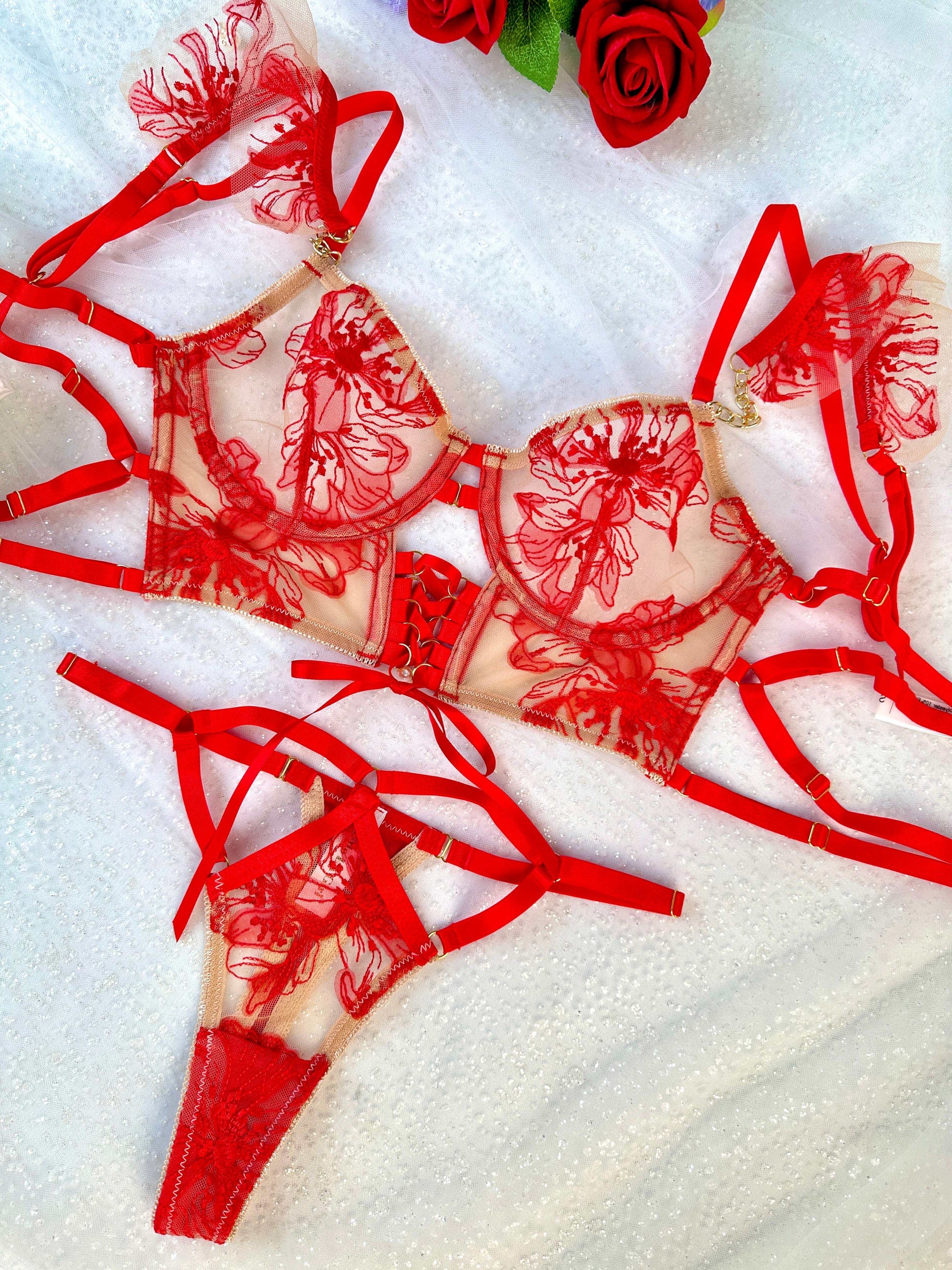 Luxury Red Lace Lingerie Set styled on a mannequin, perfect for inspiration in intimate wardrobe choices.