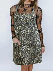 Leopard Print Denim Overall Dress -