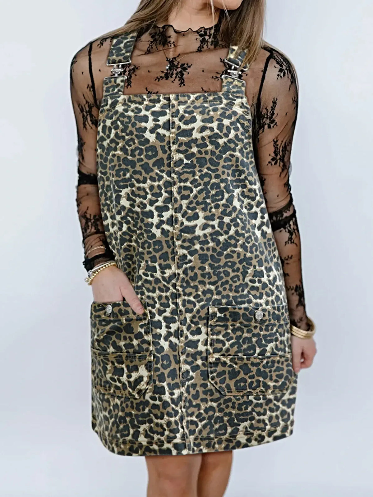 Leopard Print Denim Overall Dress -
