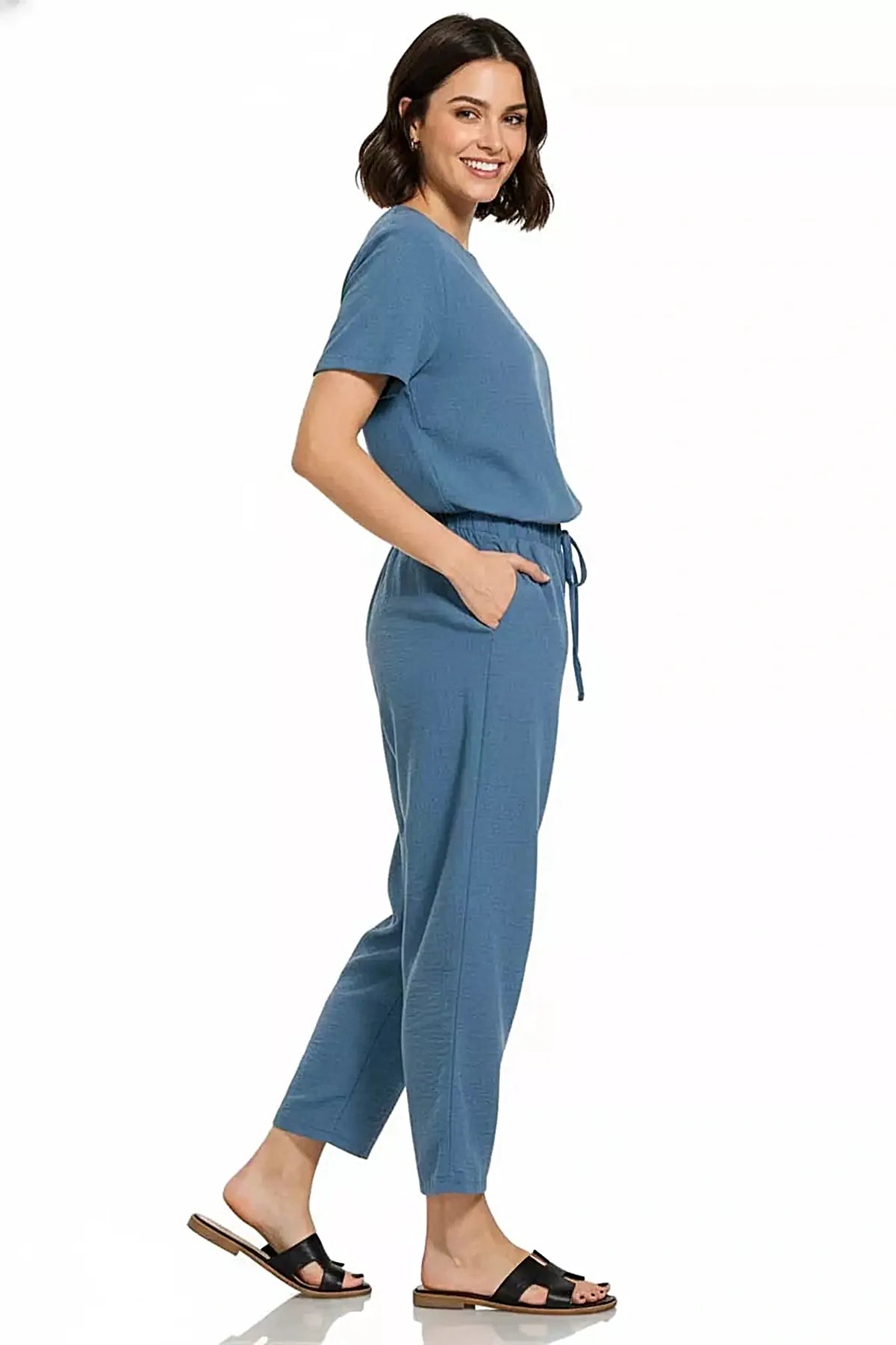 Zenana Woven Crepe Elastic Band Waist Pants -