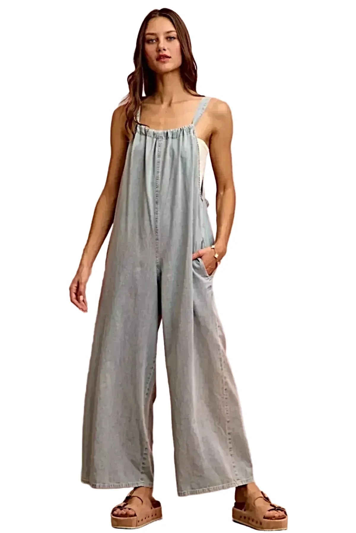SO ME Wide Leg Lightweight Denim Overalls -