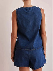 Tie Front Vest and Shorts Denim Set -