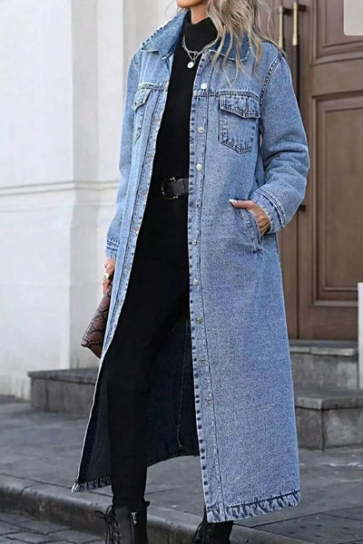 Longline Button-Front Denim Coat -