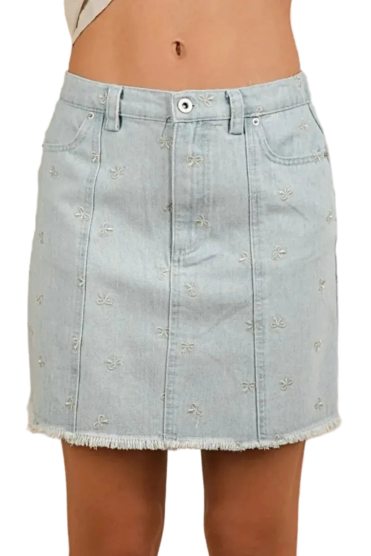 VERY J Bow Printed Casual Denim Mini Skirt -