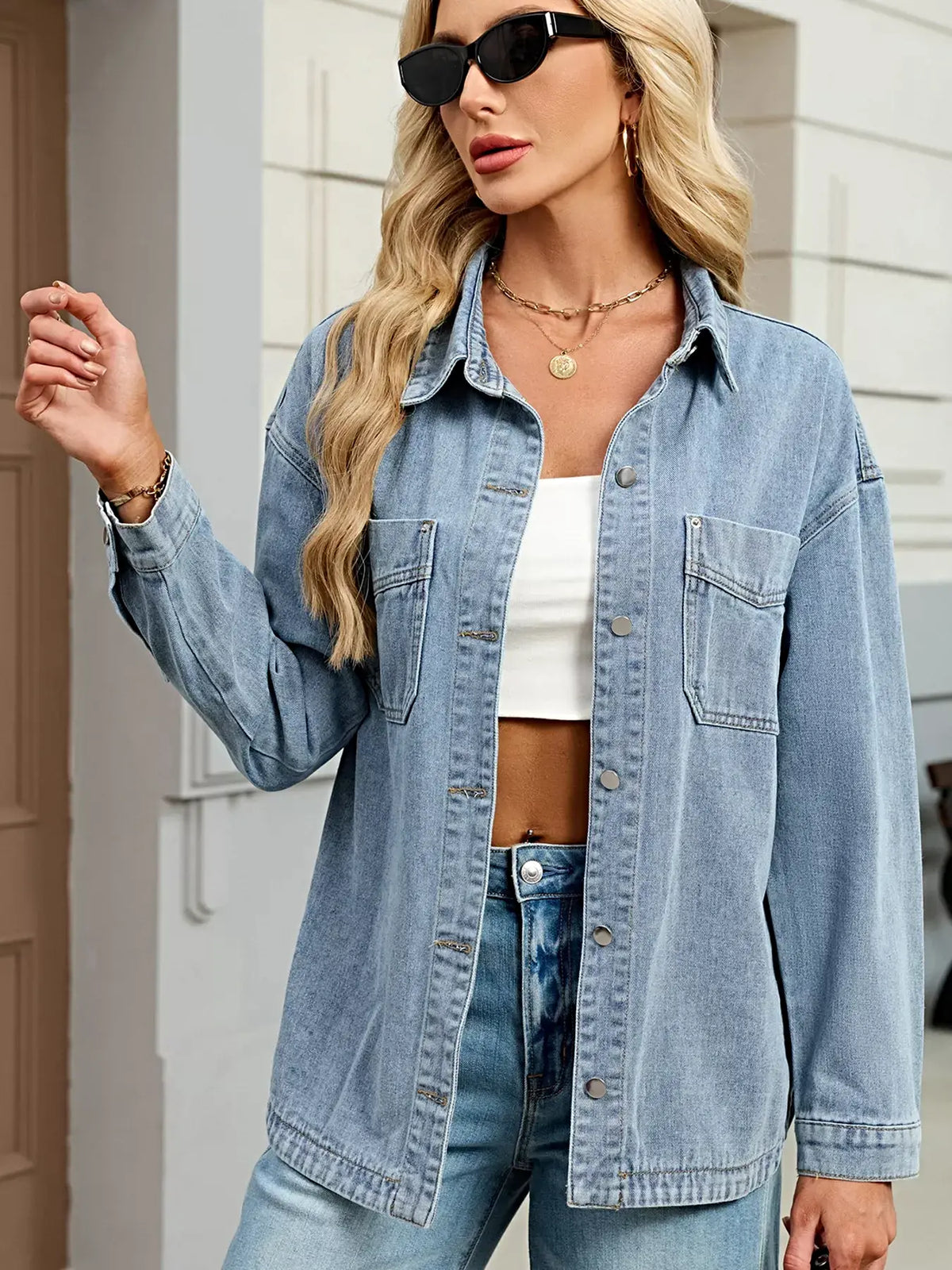 Button Up Dropped Shoulder Denim Jacket -