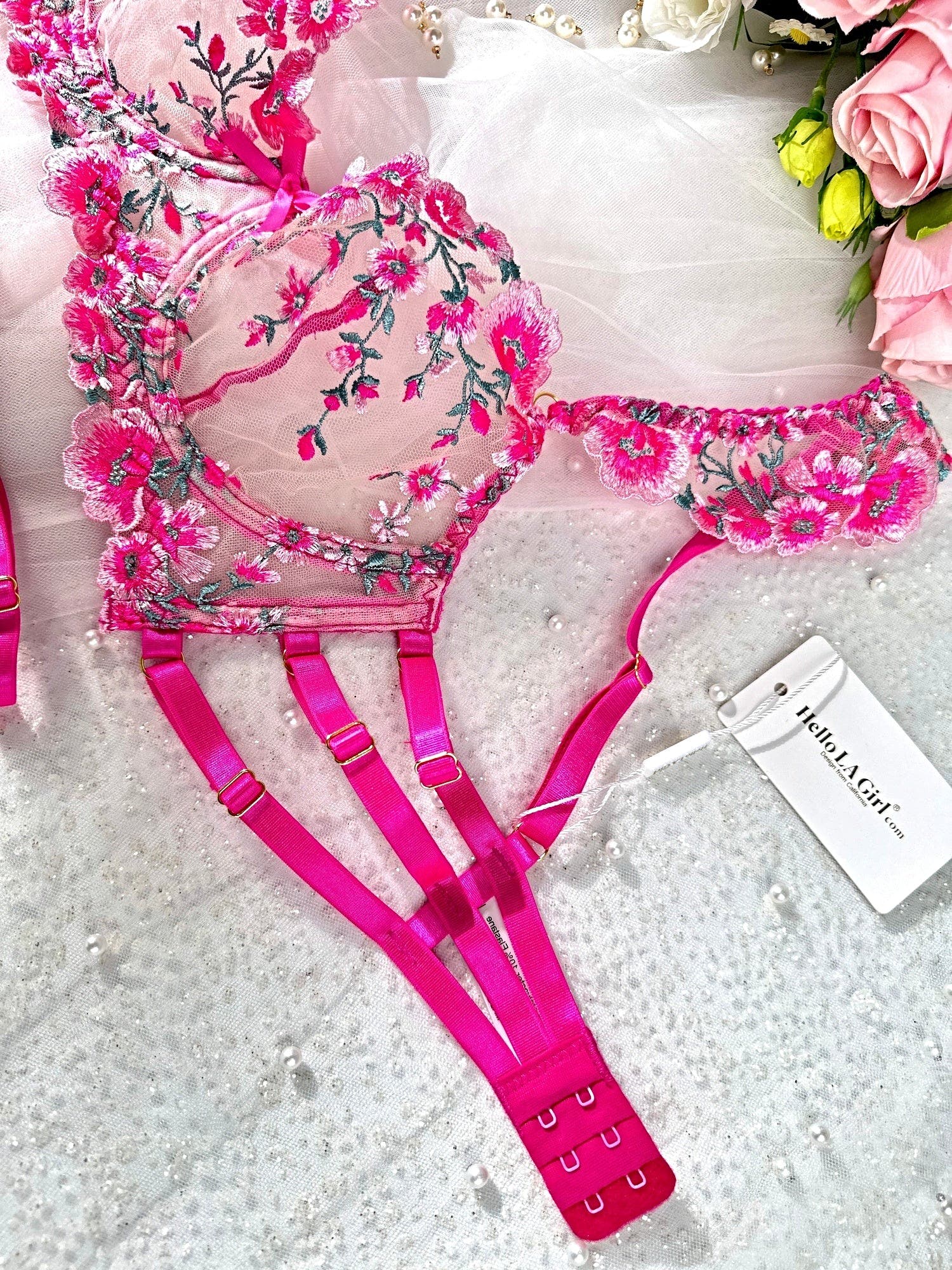 Pink Blossom Embroidery Lingerie Set - 2 pcs set