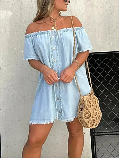 Full Size Raw Hem Mini Denim Dress Plus Size -