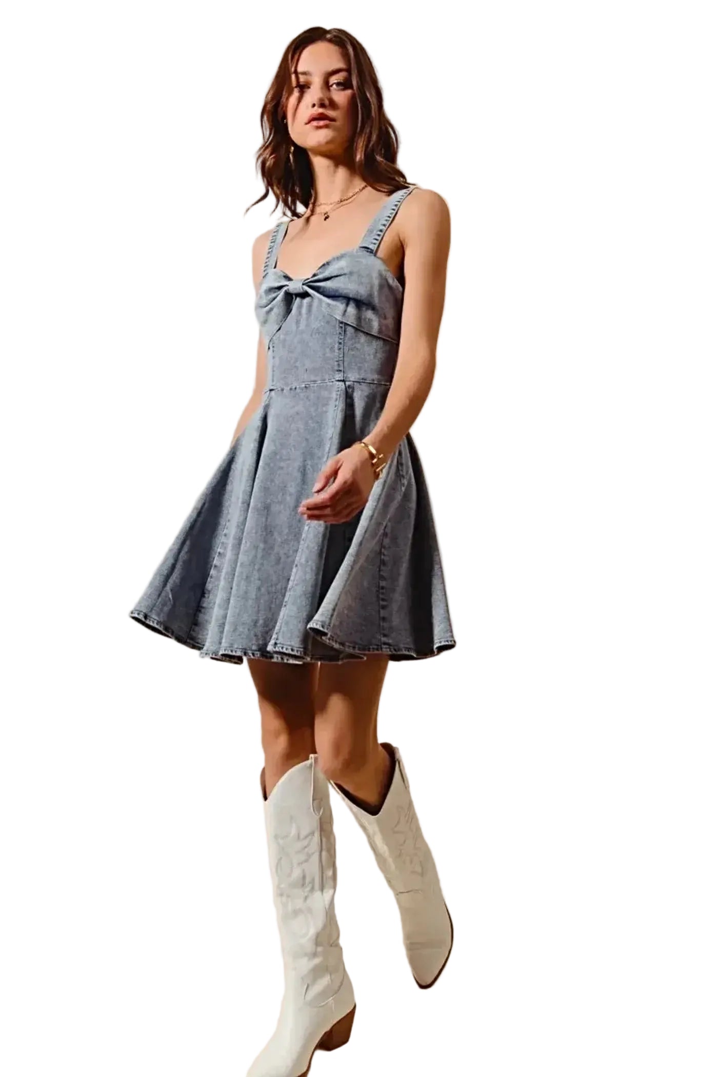 SO ME Mineral Washed Bow Ribbon Denim Flare Dress -