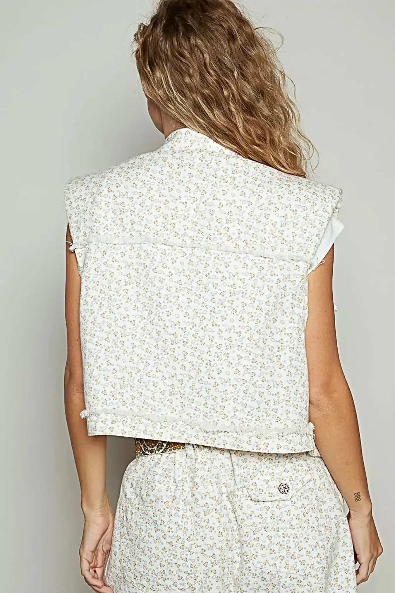 Floral Denim Vest With Asymmetrical Front Closure & Distressed Raw Hem Design -