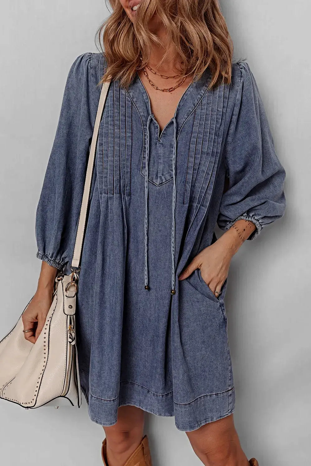 Tie Neck Long Sleeve Mini Denim Dress -