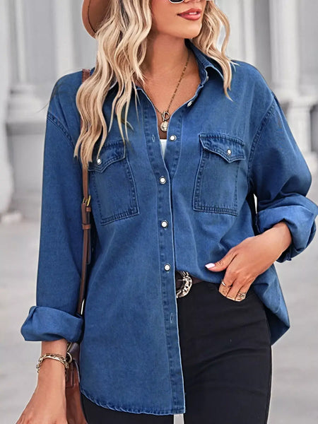 Button Down Washed Denim Shirt with Chest Pockets -