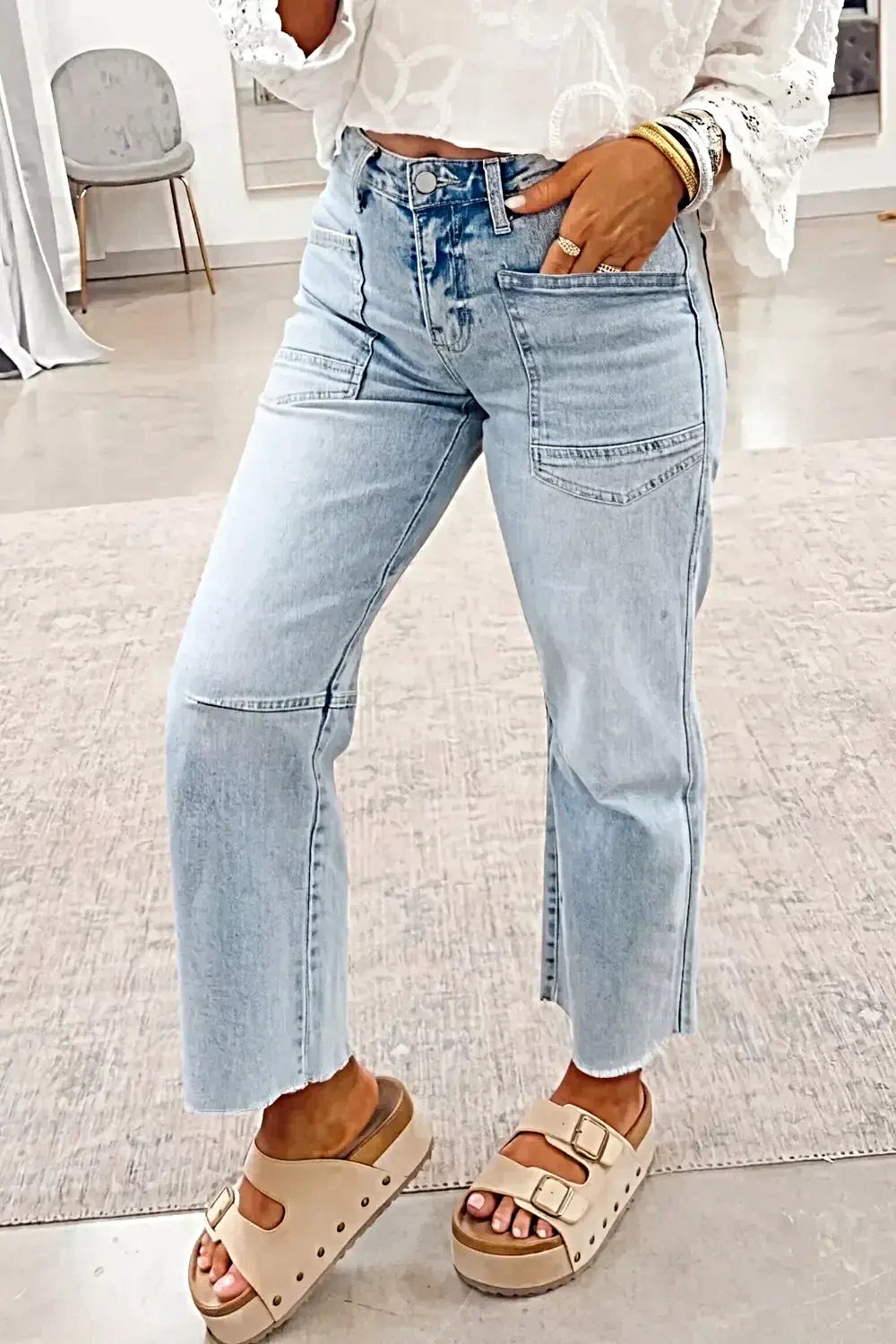 Light Wash Utility Pocket Straight Leg Jeans -