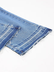 Whiskered Wash Raw Hem Cropped Jeans -