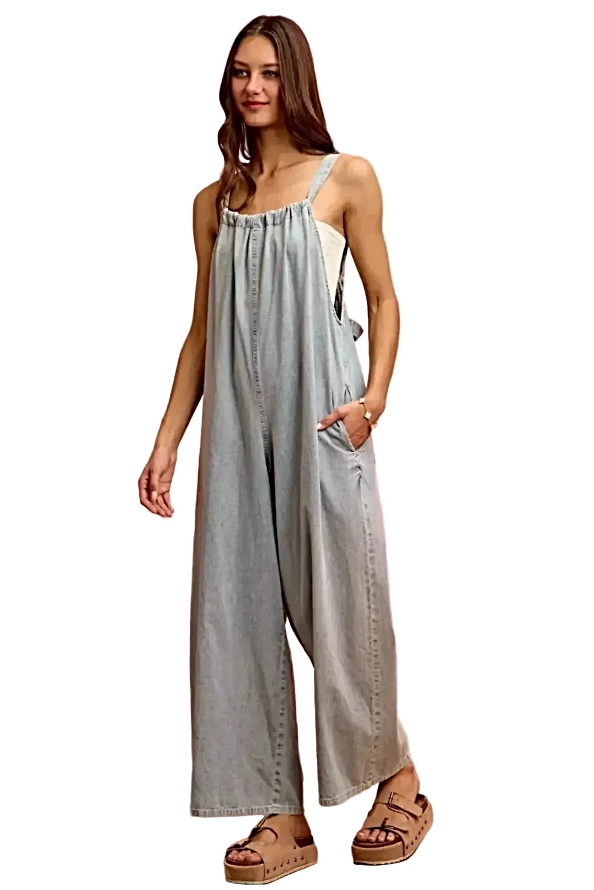 SO ME Wide Leg Lightweight Denim Overalls -