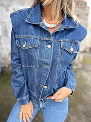 Plus Size Button Up Chest Pockets Denim Jacket -