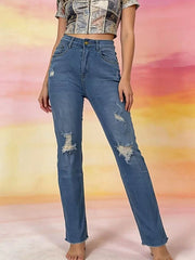 High-Waisted Distressed Jeans -