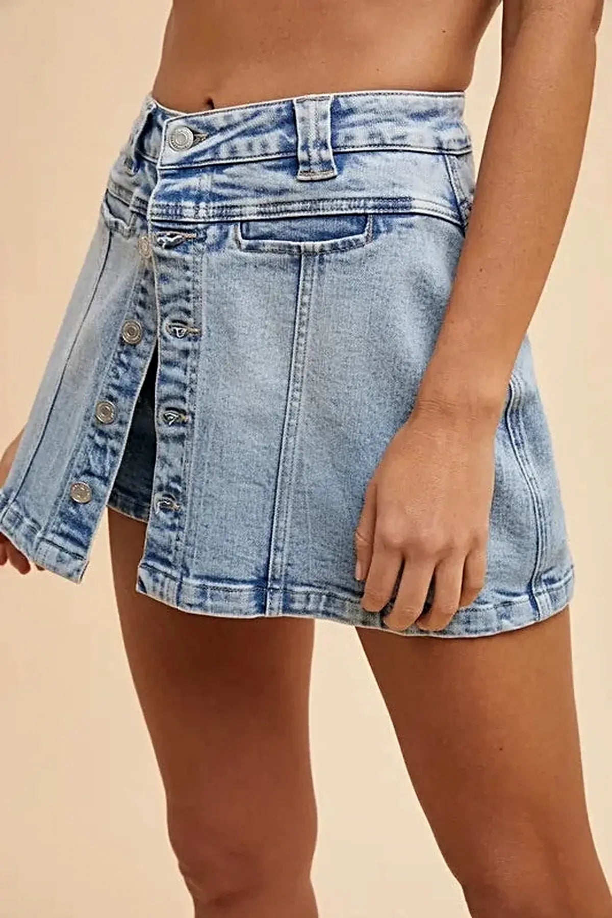 Annie Wear Button Detail Stretch Denim Wrap Mini Skort -