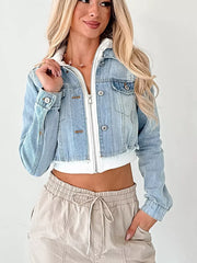 Distressed Zip Up Cropped Hooded Denim Jacket -