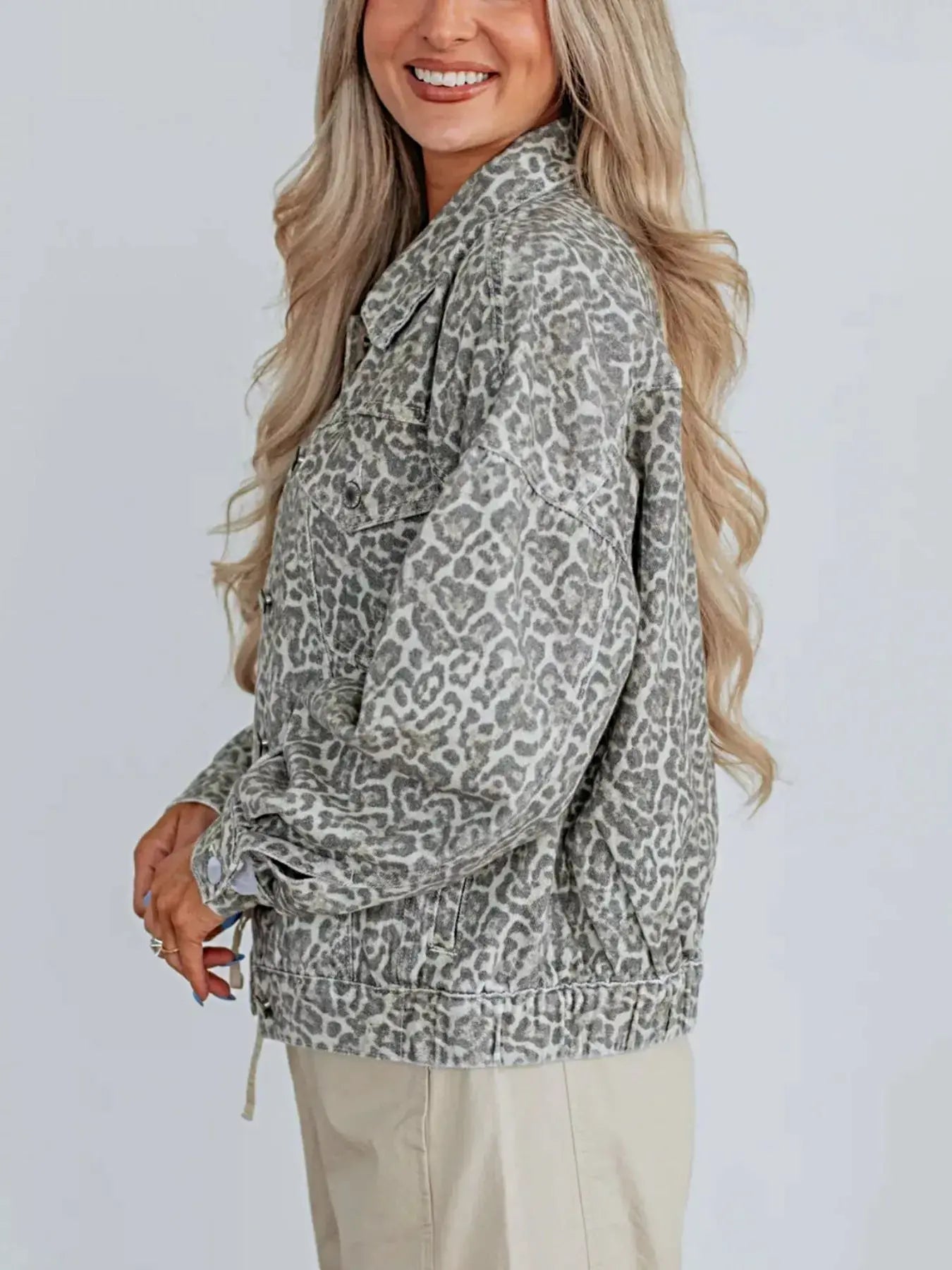 Leopard Button Up Denim Jacket -