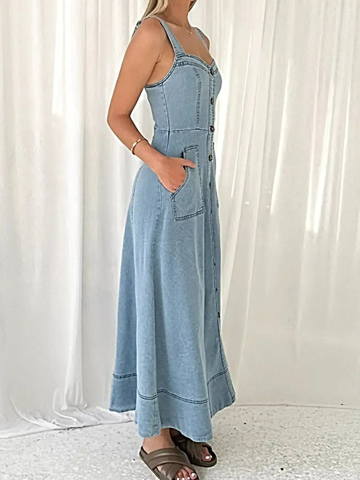 Denim Dress With Sweetheart Neckline, Buttoned & Pocketed - 100% Polyester, No Stretch -