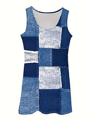 Patchwork Denim Dress - Scoop Neck Sleeveless Midi with Pockets - Versatile and Stylish -