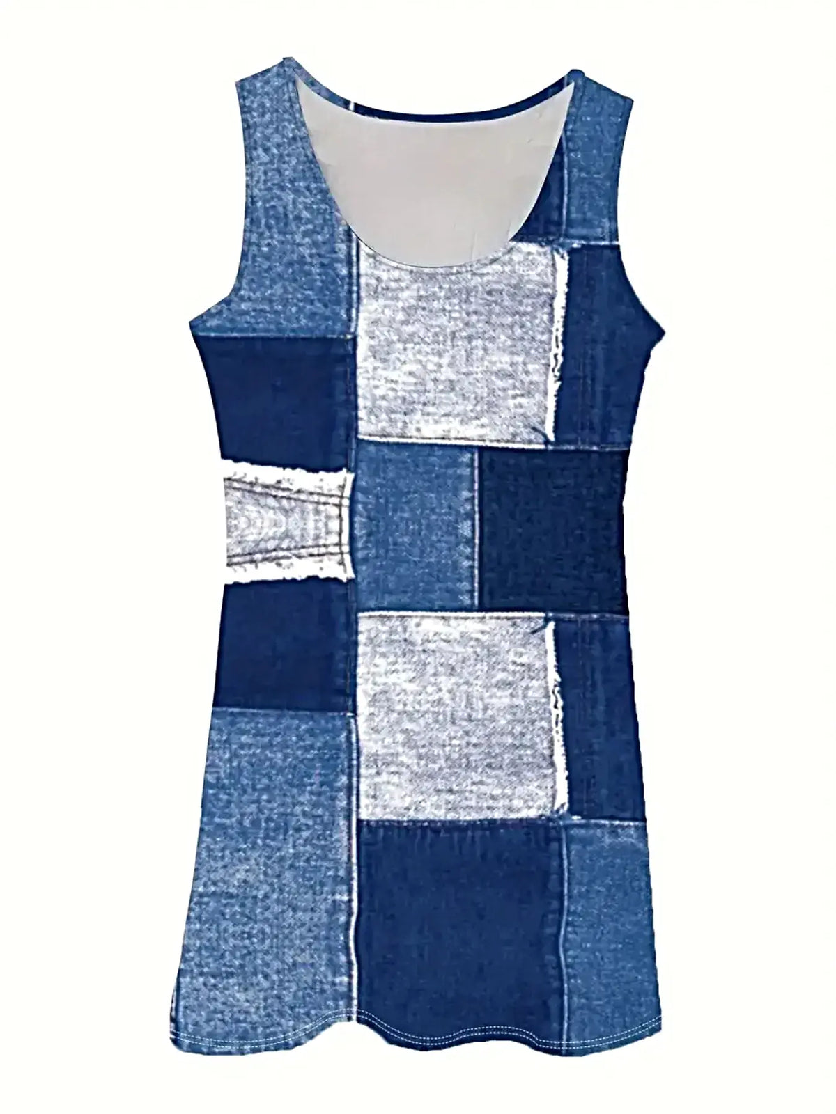Patchwork Denim Dress - Scoop Neck Sleeveless Midi with Pockets - Versatile and Stylish -