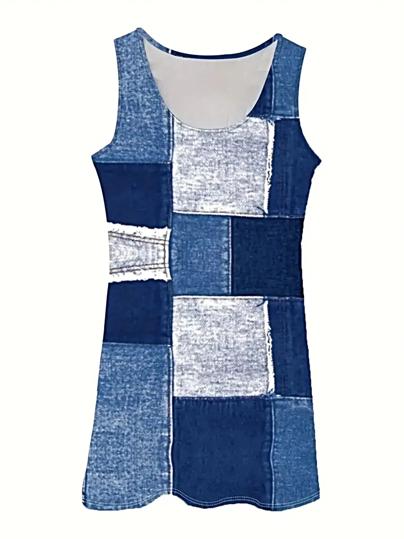 Patchwork Denim Dress - Scoop Neck Sleeveless Midi with Pockets - Versatile and Stylish -
