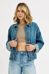 RISEN Oversized Cargo Pocket Denim Jacket with Cuffed Sleeves -