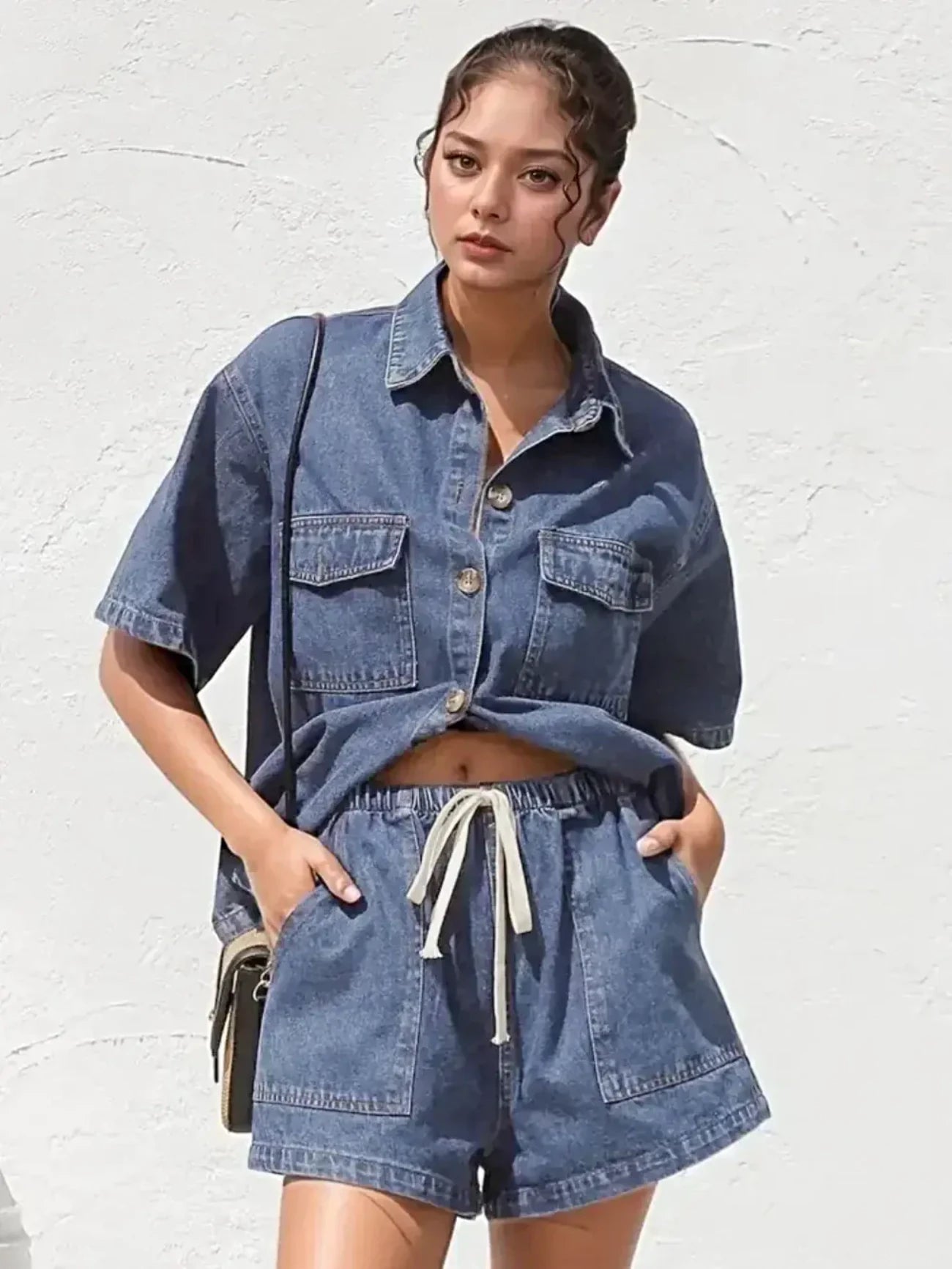 Collared Neck Button Up Top and Shorts Denim Set -