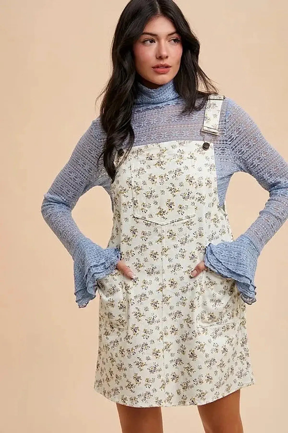 Annie Wear Stretch Ditsy Print Denim Overall Mini Dress -