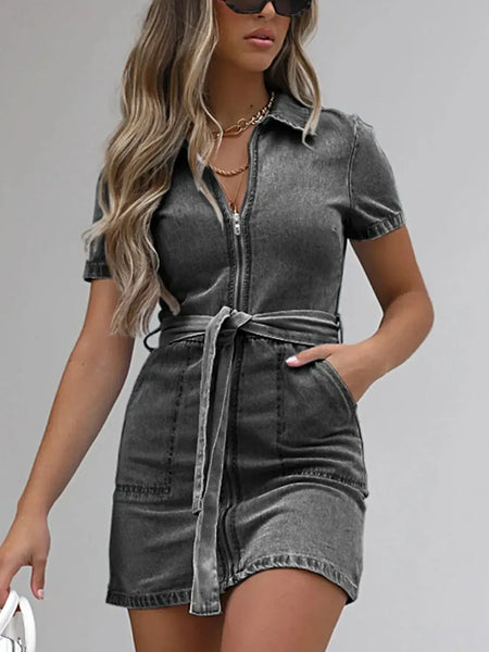 Full Size Zip Front Short Sleeve Denim Dress Plus Size -