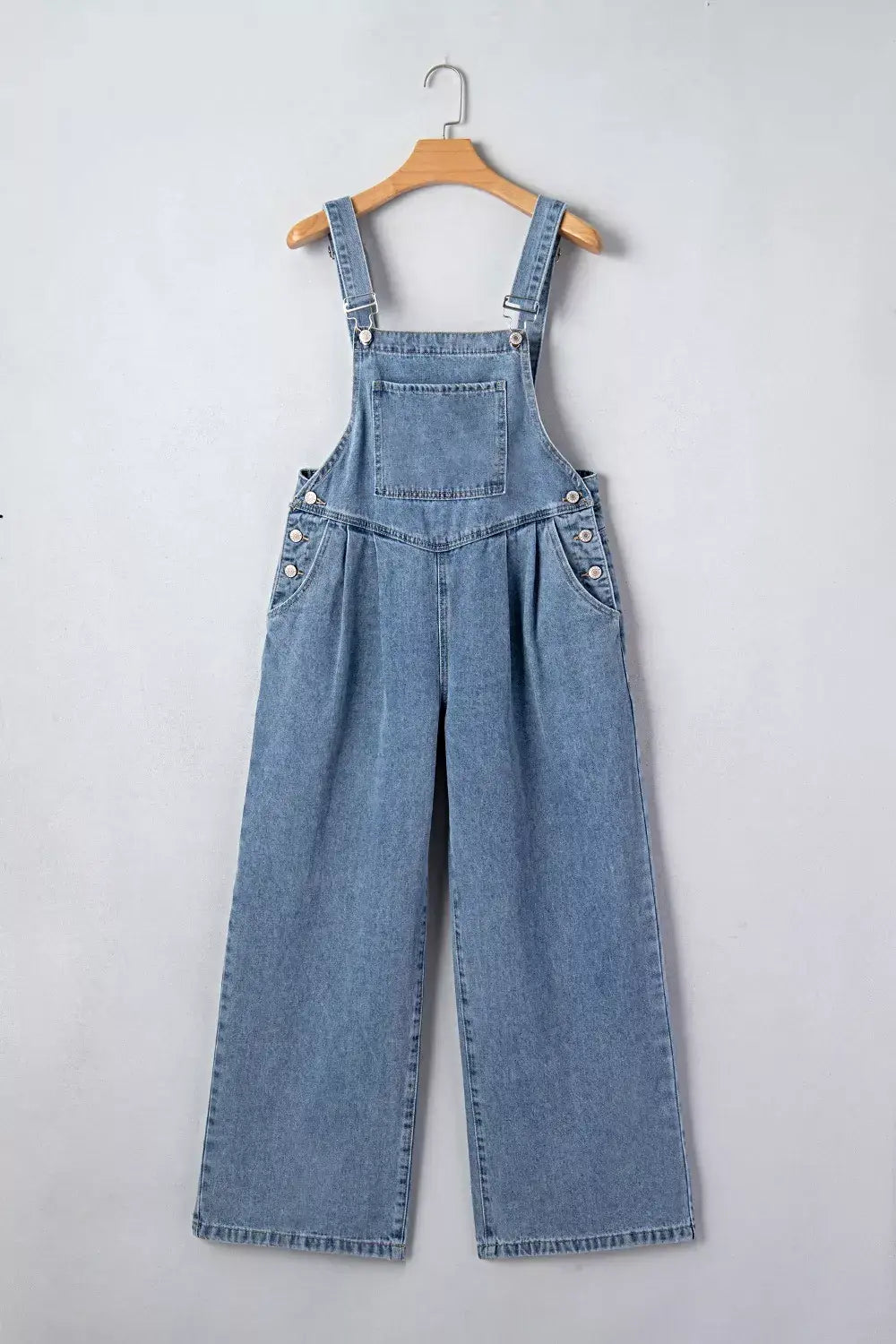 Pleated Wide Leg Retro Pocketed Denim Jumpsuit -